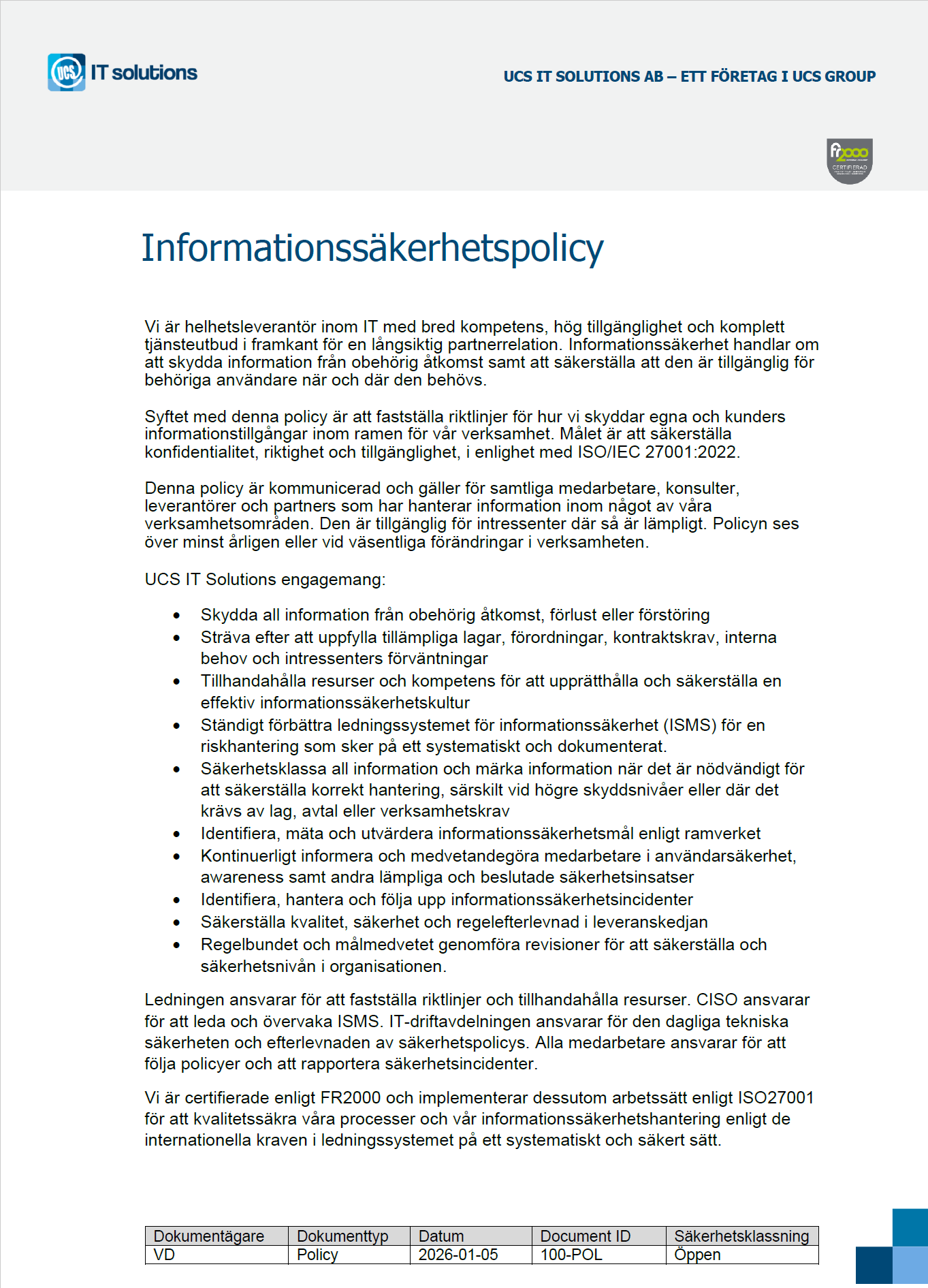 Informationssäkerhetspolicy UCS IT Solutions